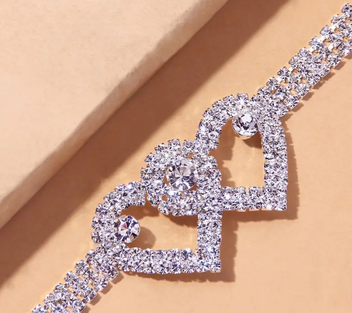 Double Love Heart Rhinestone Anklet Set